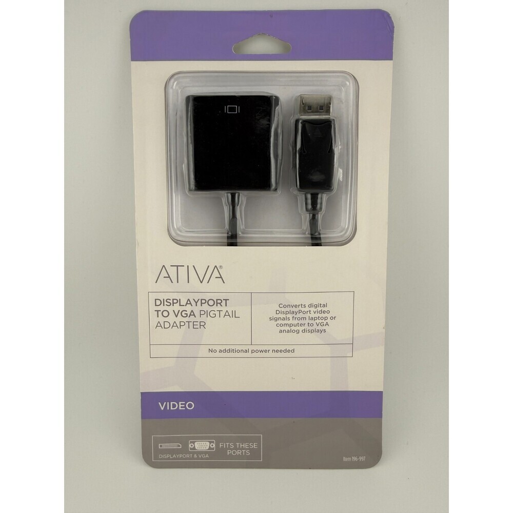 NEW Ativa 36543 Black 6-Inches Universal DisplayPort to VGA Pigtail Adapter